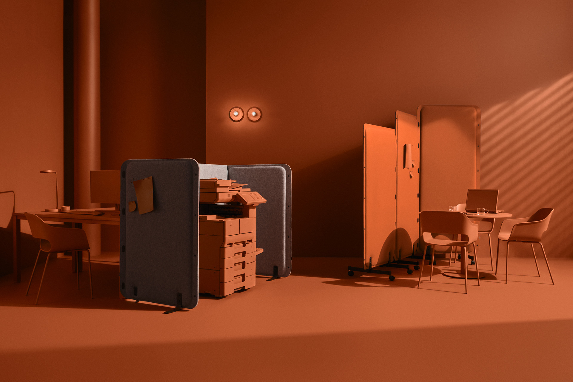 Acustio acoustic panels and Heaven Booth arranged in one workspace setting